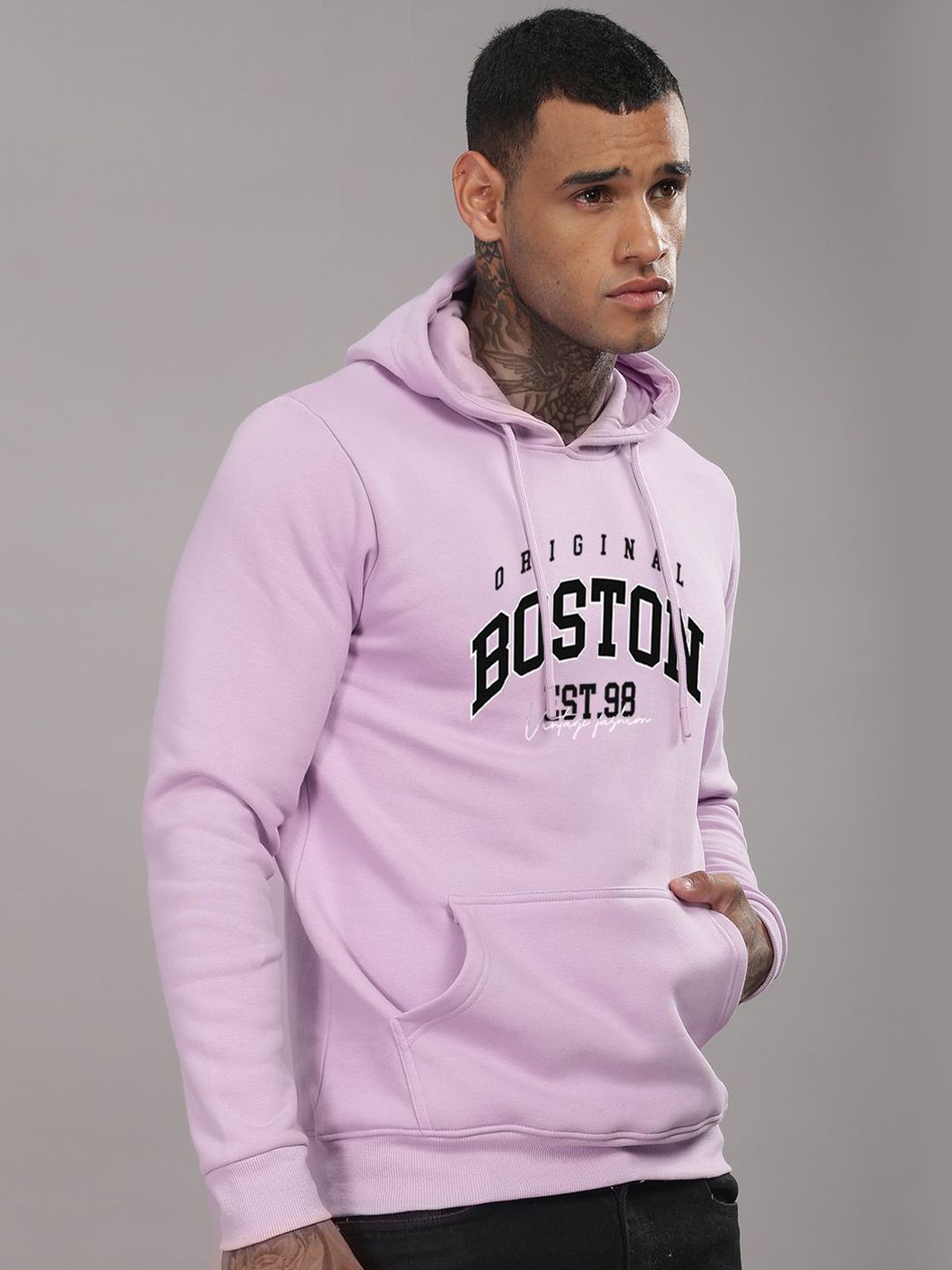 ADRO Men Typography Printed Hood Cotton Pullover Ribbed Sweatshirt