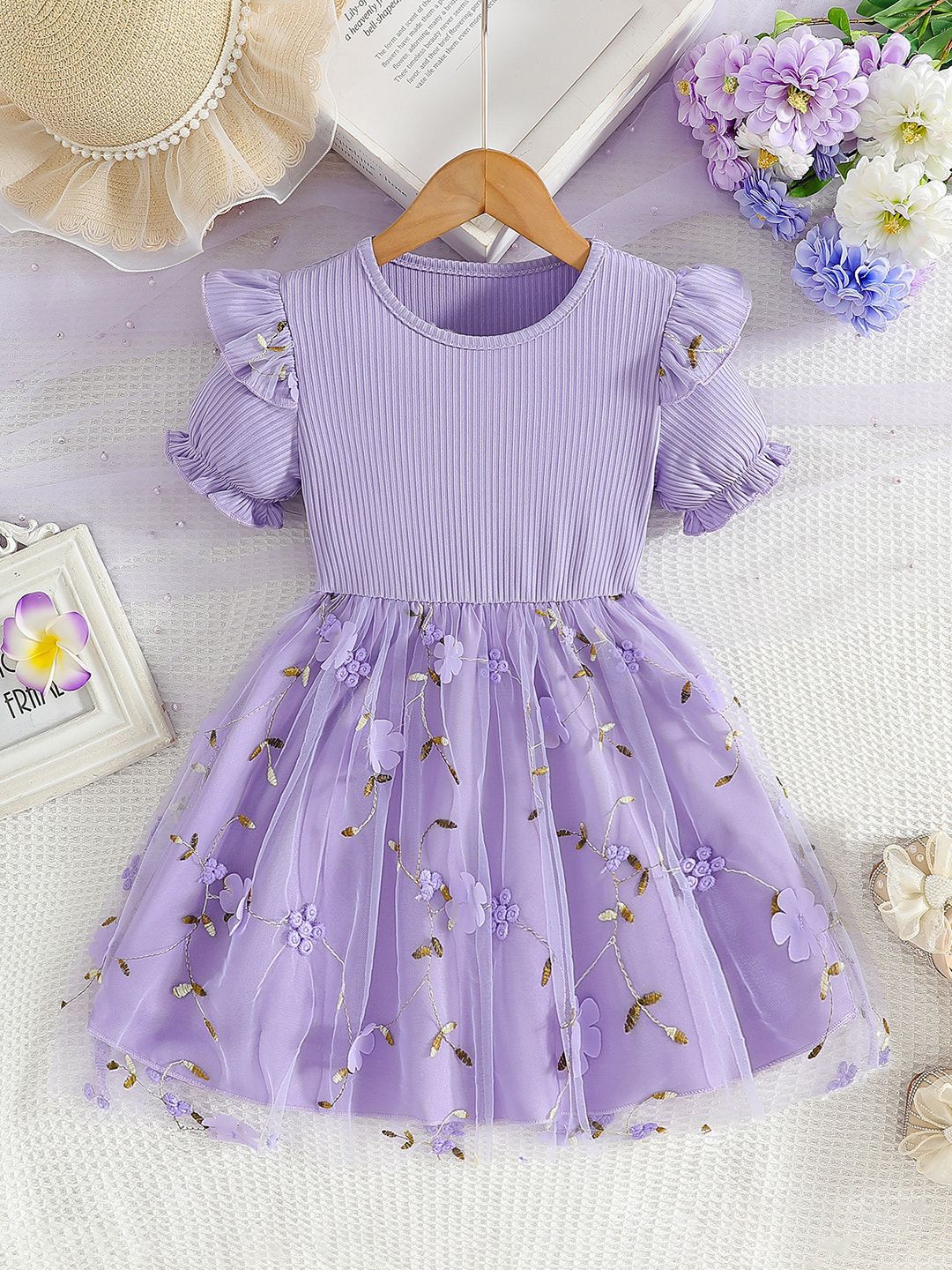 YK Girls Self Design Fit & Flare Dress