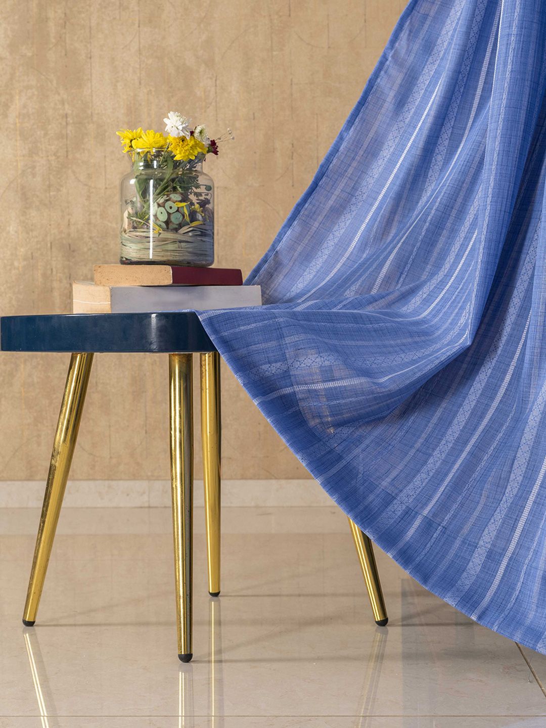 URBAN SPACE Blue & White 2 Pieces Striped Sheer Window Curtain