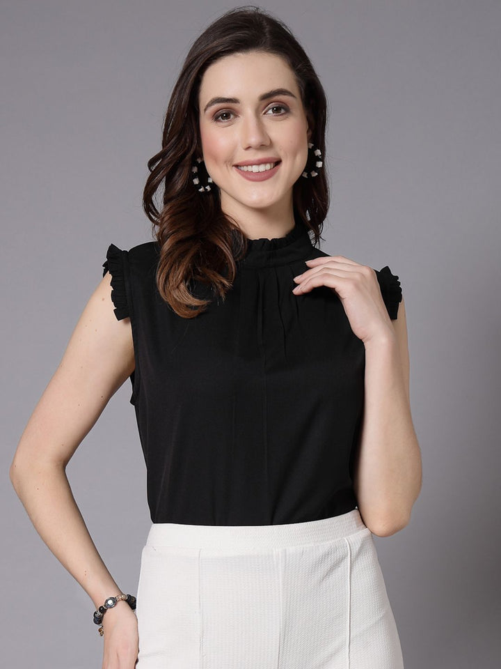 Style Quotient Black High Neck Ruffled Top