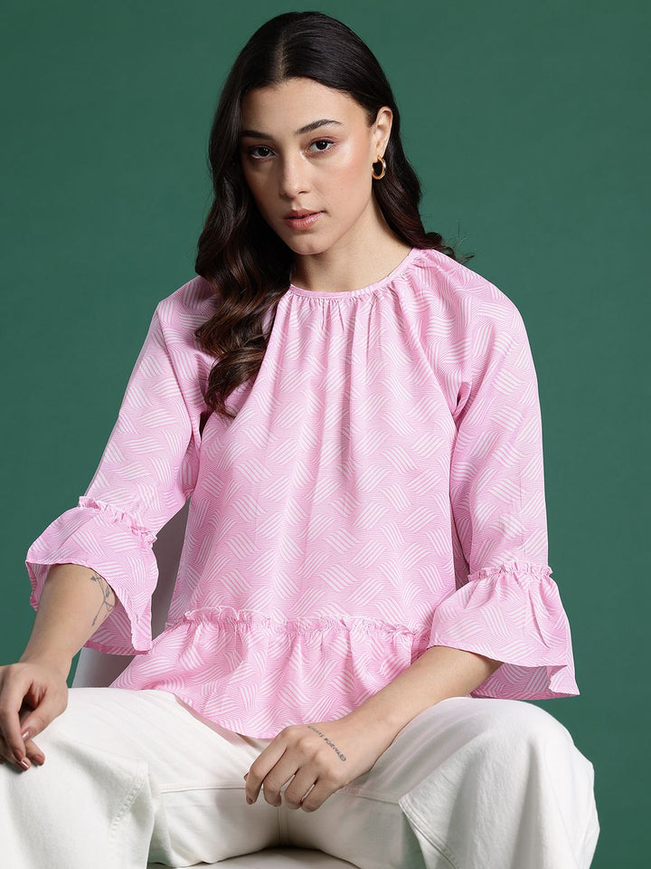 DressBerry Geometric Print Flared Sleeve Top