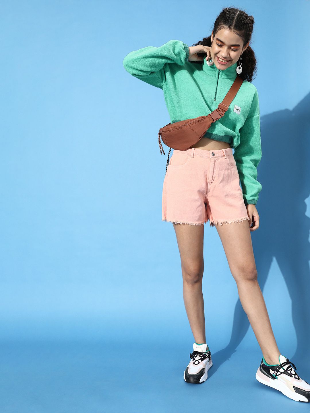 STREET 9 Women Enchanting Sea Green Solid Cropped Sweatshirt