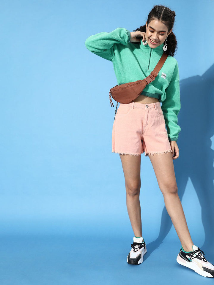 STREET 9 Women Enchanting Sea Green Solid Cropped Sweatshirt