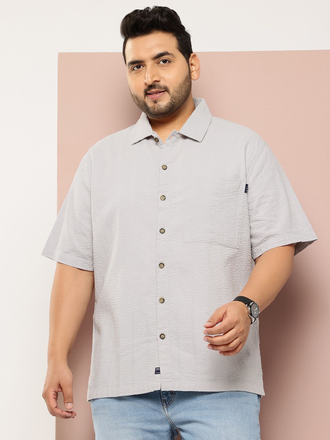 Thomas Scott Men's Plus Size Seersucker Cotton Casual Shirt