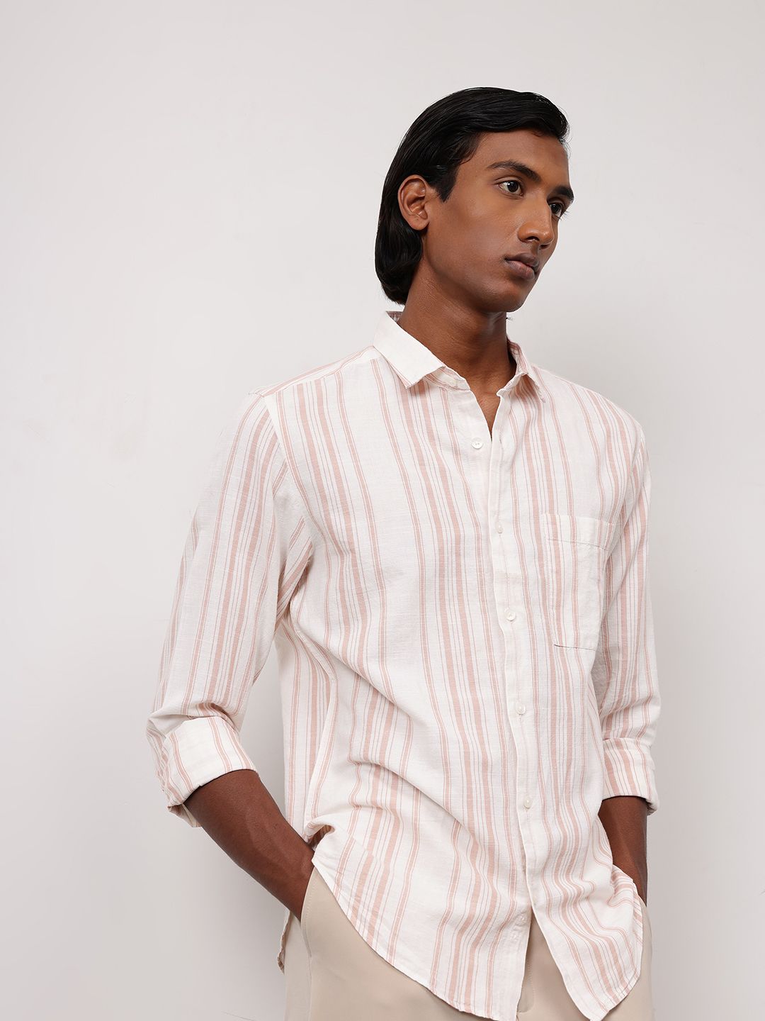 ether Men Classic Fit Cotton Linen Striped Shirt