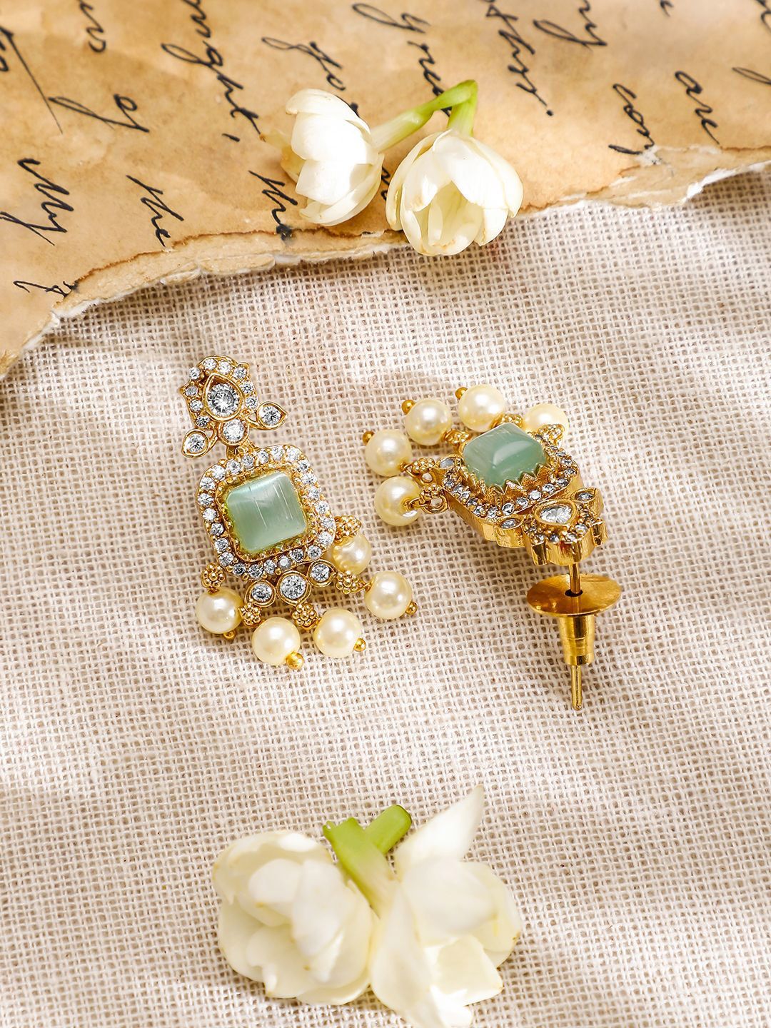 Rubans 22K Gold-Plated Aqua AD & White CubicZirconia Studded Jewellery Set with Pearl Drop