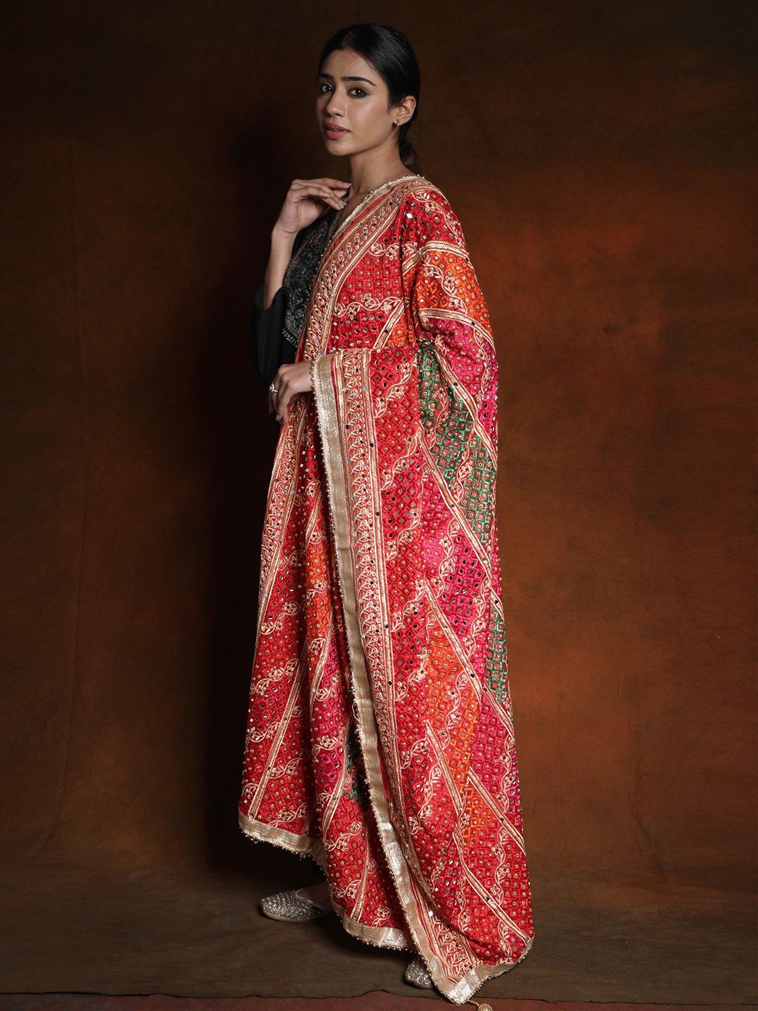 Exotic India True Red Phulkari Mirror Embroidered Silk Dupatta and Gotapatti Border