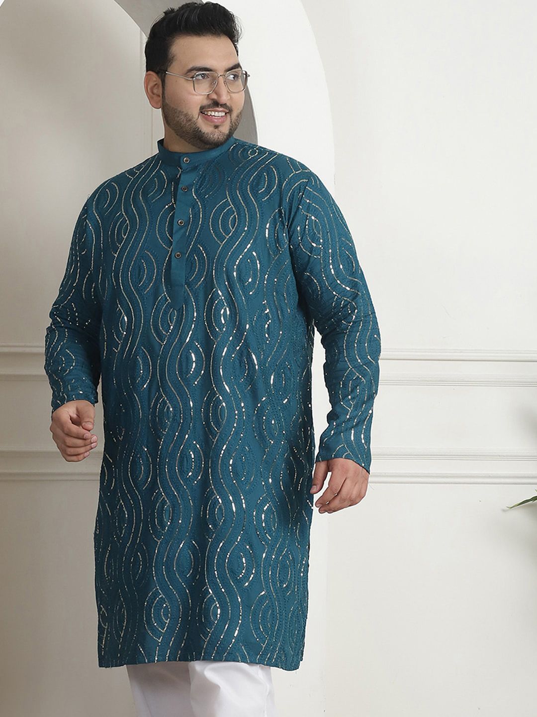 SOJANYA PLUS PLus Size Ethnic Motifs Embroidered Band Collar Long Sleeves Straight Kurta