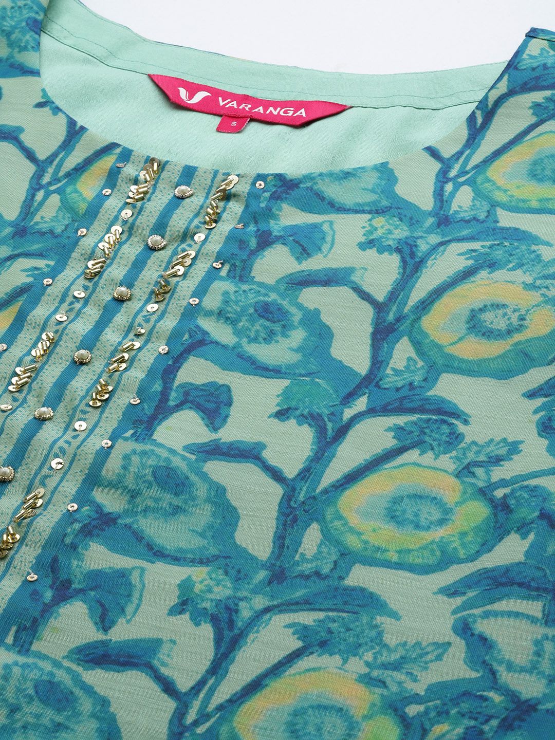 Varanga Sea Green Floral Printed Hand work Kurta with Trousers & Dupatta