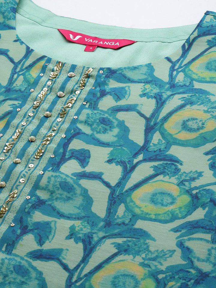 Varanga Sea Green Floral Printed Hand work Kurta with Trousers & Dupatta