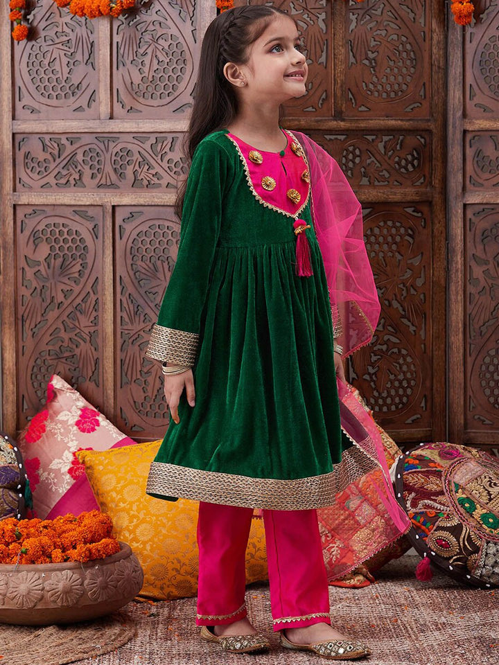 pspeaches Girls Ethnic Motifs Yoke Design Gotta Patti A-Line Kurta With Trouser & Dupatta