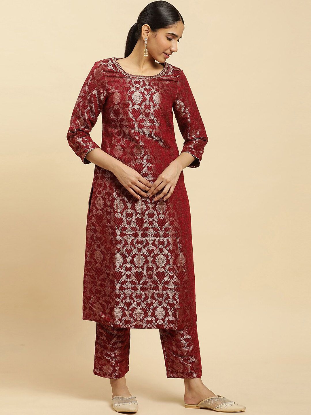 W Festive Floral Print Rayon Kurta With Straight Pant