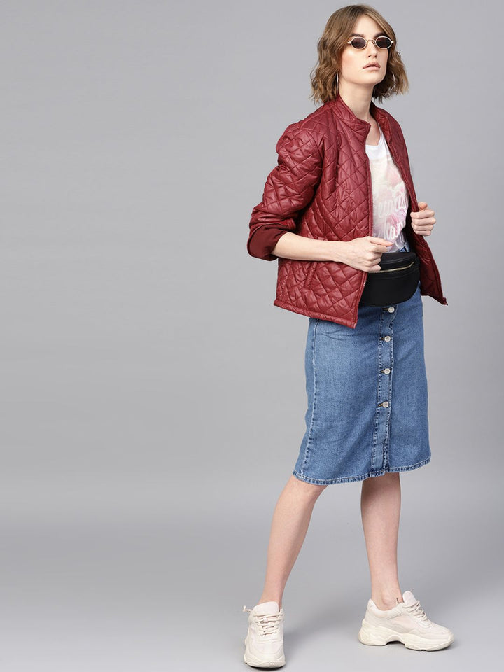 SASSAFRAS Women Maroon Solid Quilted Jacket