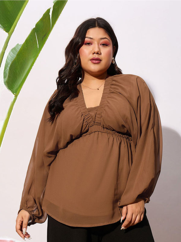 SASSAFRAS Curve Plus Size V-neck Batwing Sleeves Georgette Peplum Top