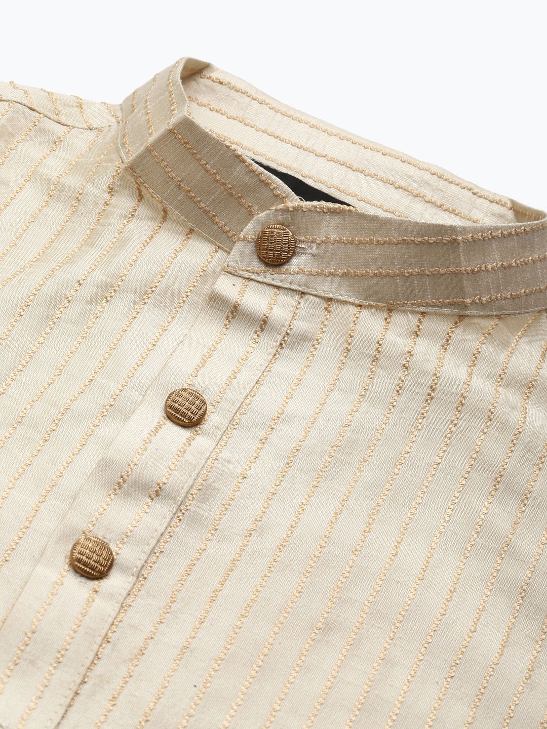 SOJANYA Men Cream-Coloured & Red Kurta with Churidar & Nehru Jacket