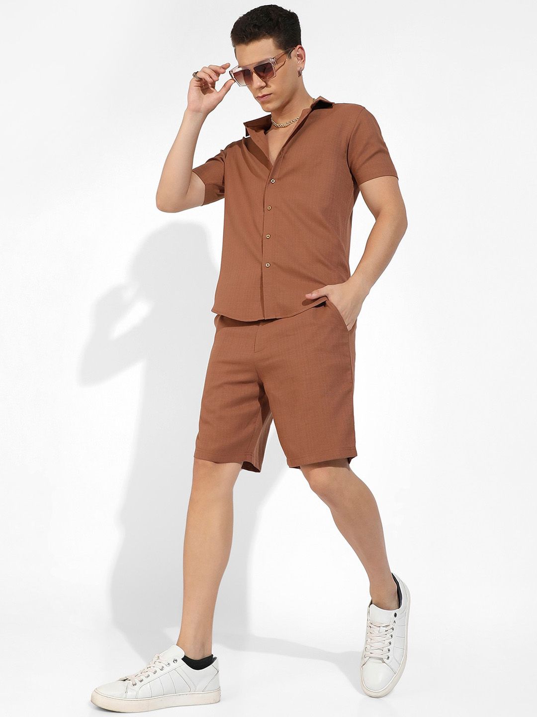 Campus Sutra Brown Textured Shirt & Shorts