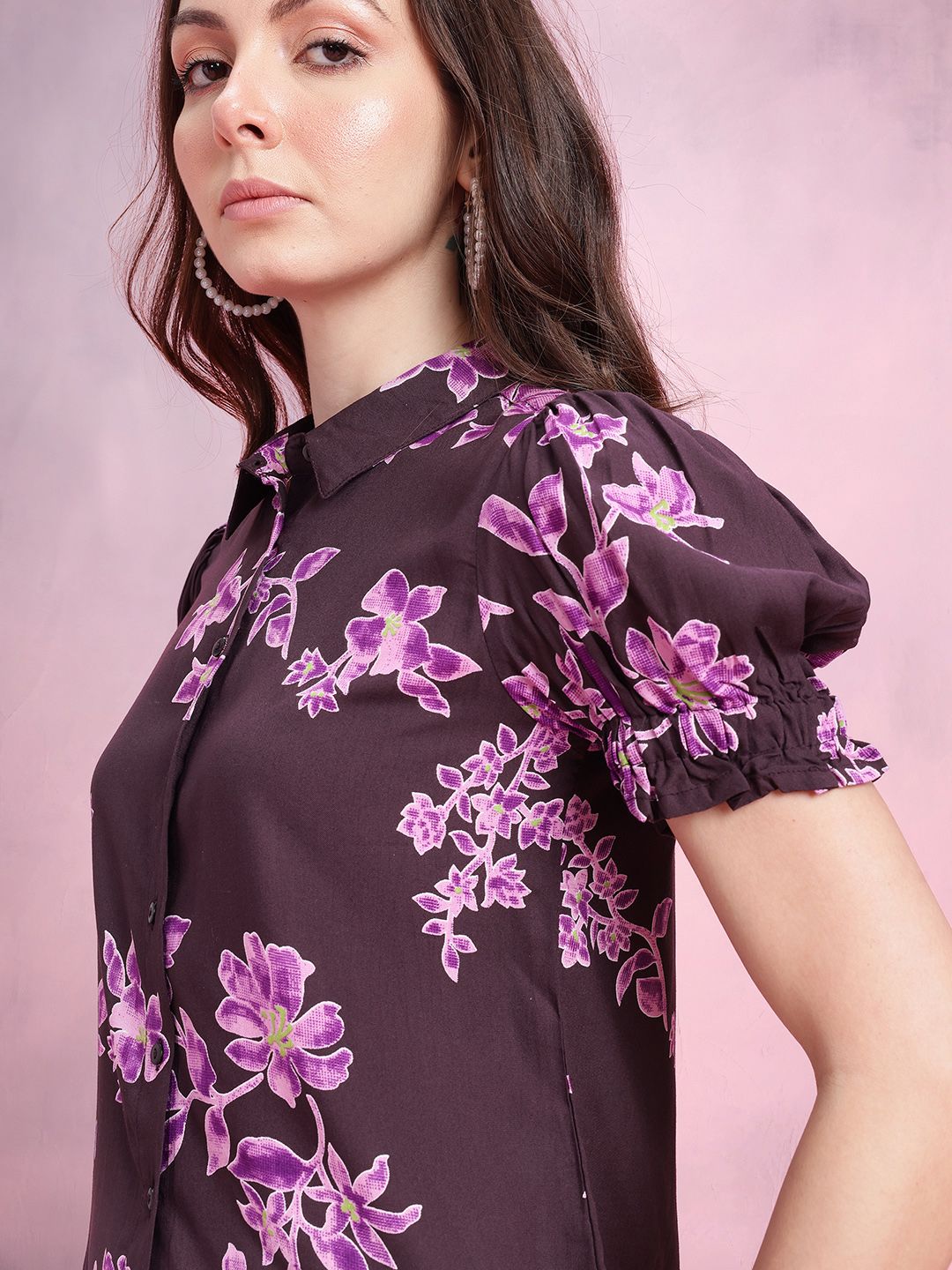 DressBerry Floral Print Puff Sleeves Shirt Style Top