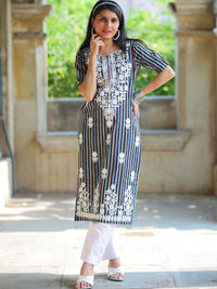 KALINI Women Stripted Chikankari Embroidered Straight Kurti
