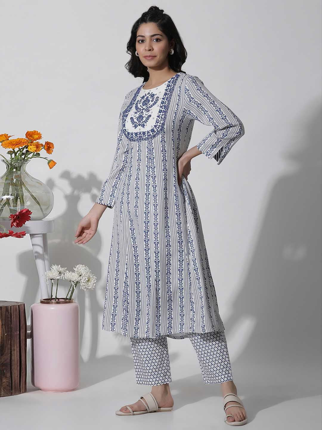 W Blue Ethnic Motifs Printed Mirror Work Kurta