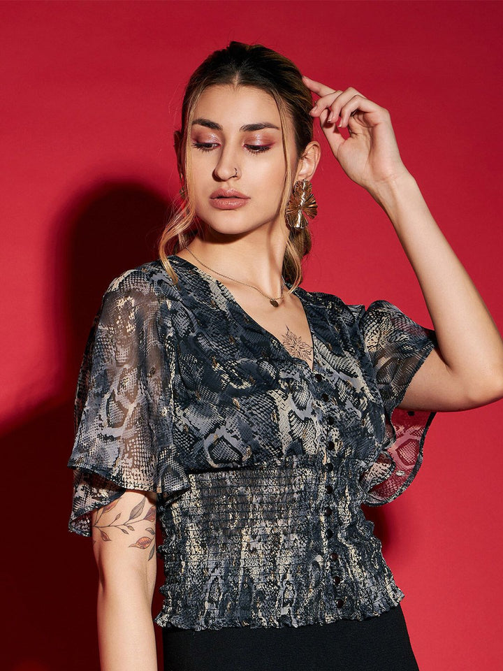 SASSAFRAS Grey Printed Bell Sleeve Smocked Georgette Top