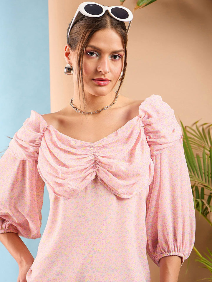 SASSAFRAS Floral Printed Puff Sleeve Ruched Top