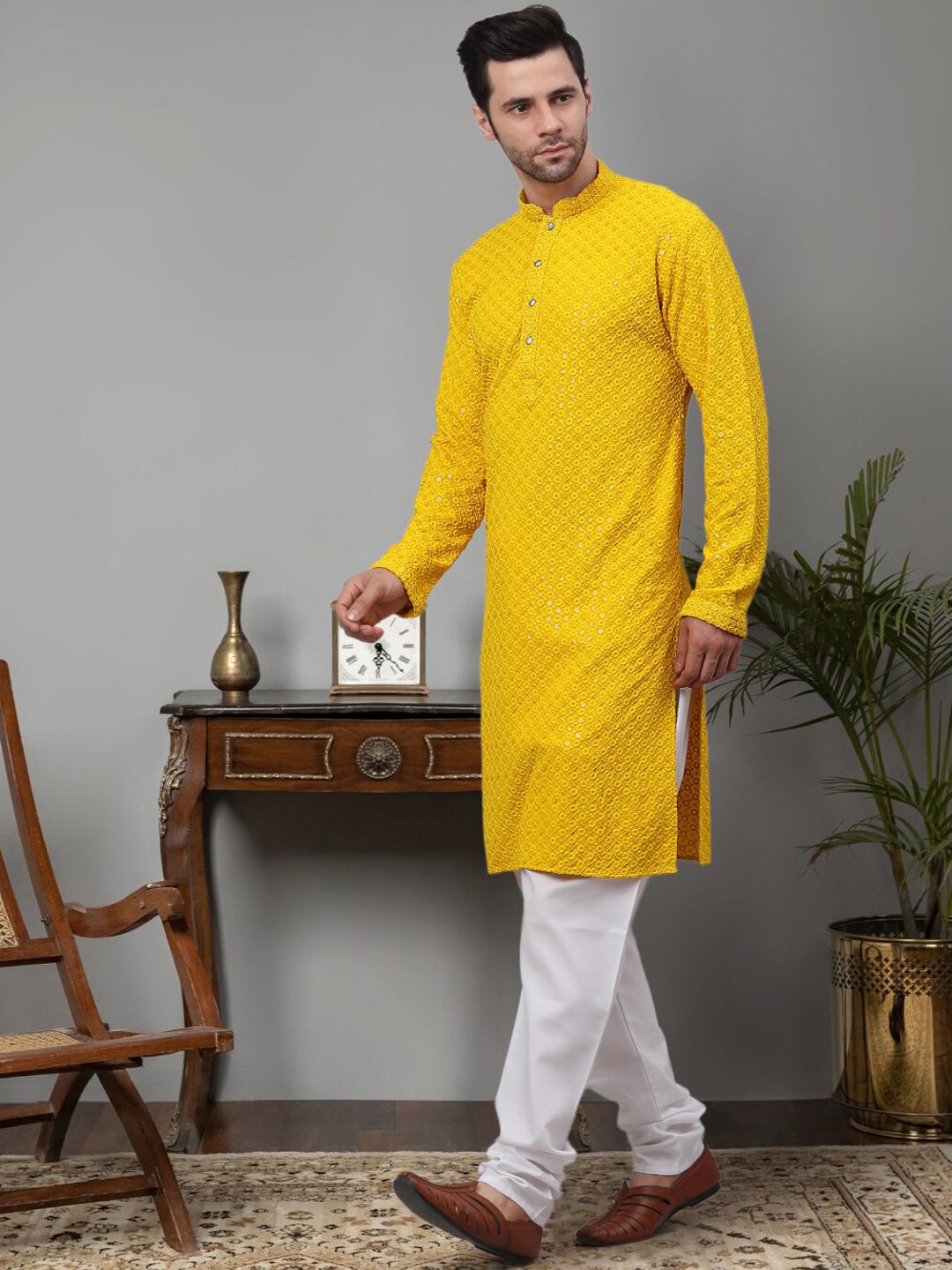 Jompers Floral Embroidered Chikankari Pure Cotton Kurta with Churidar