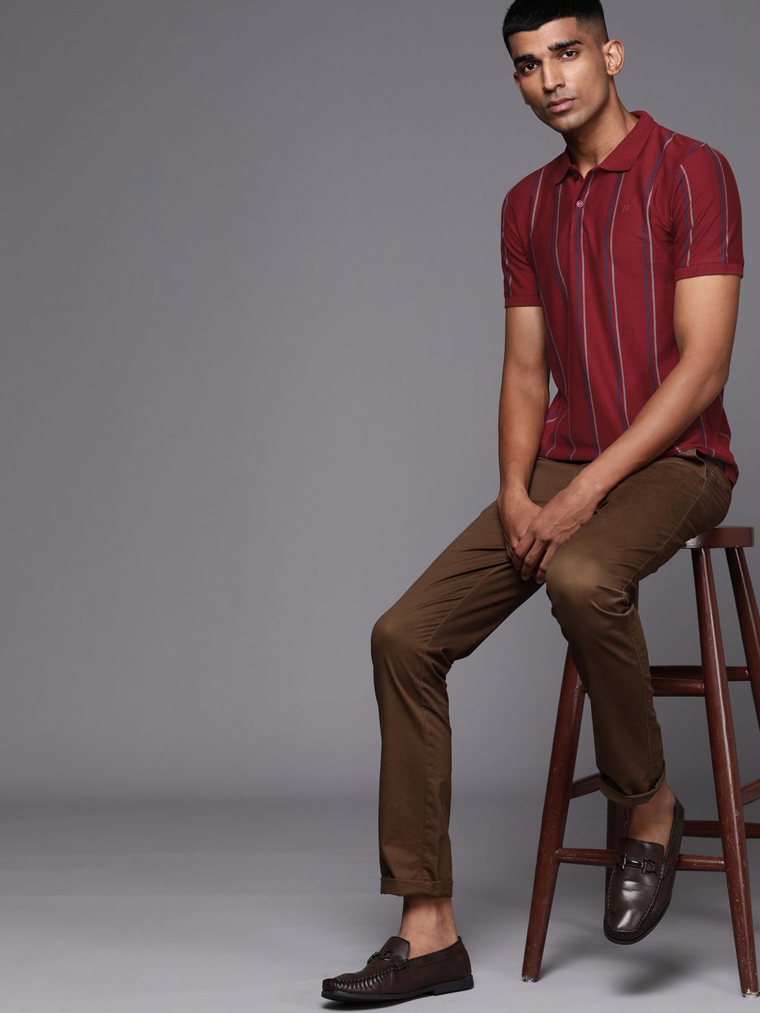 Raymond Men Maroon & Navy Blue Striped Polo Collar Pure Cotton T-shirt