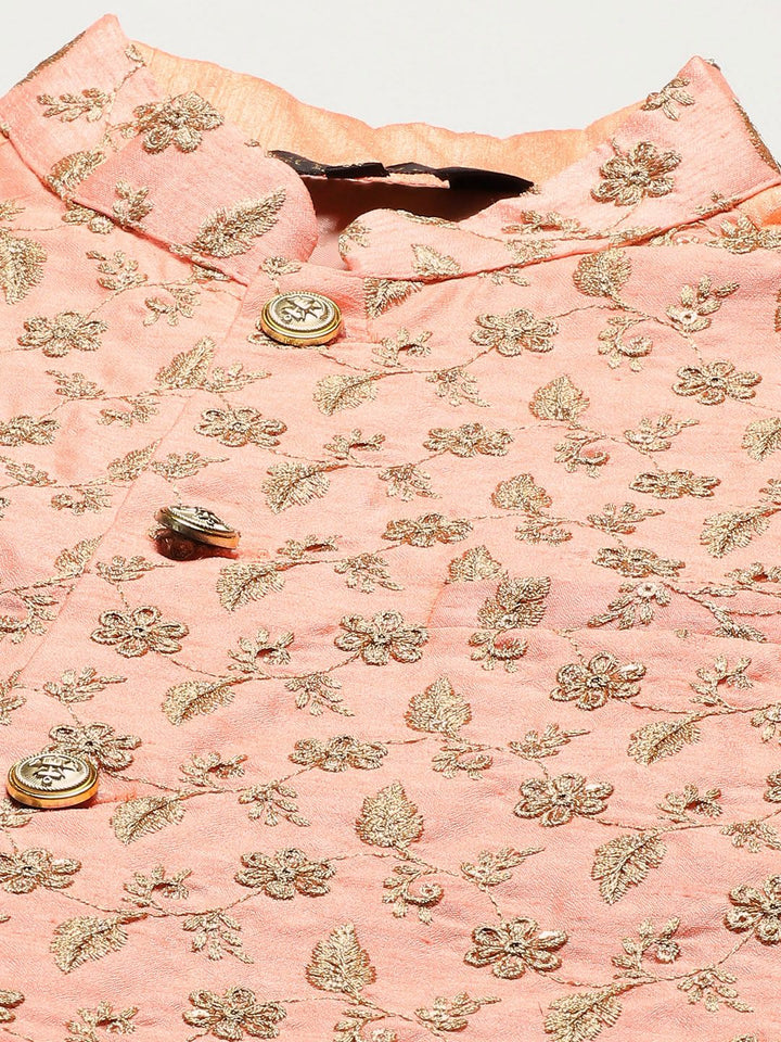 SOJANYA Lelaki Kurta Kapas Tulen Chikankari Berwarna Krim dengan Churidar & Nehrujacket
