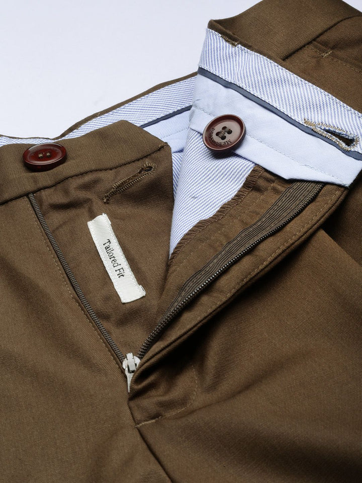 Mr Bowerbird Men Coffee Brown Tailored Fit Pleated Trousers