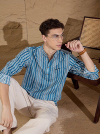 Dennison Striped Band Collar Cotton Pure Lurus Kurta Pendek