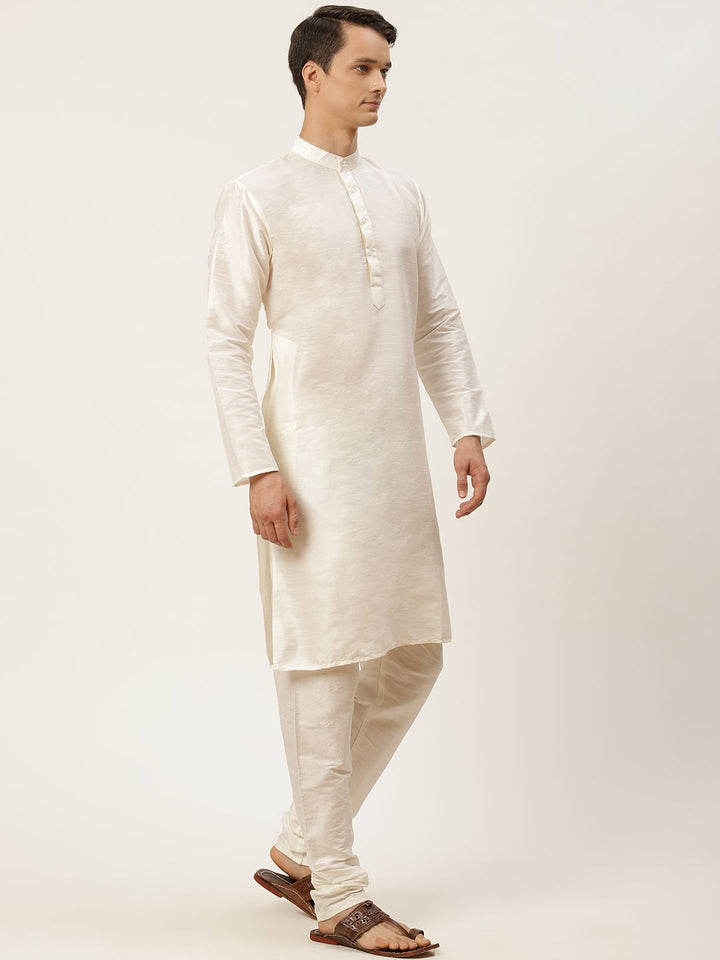 SOJANYA Men Off White Solid Kurta with Churidar & Ethnic Jacket