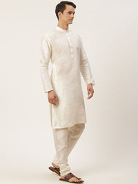 SOJANYA Men Off White Solid Kurta with Churidar & Ethnic Jacket