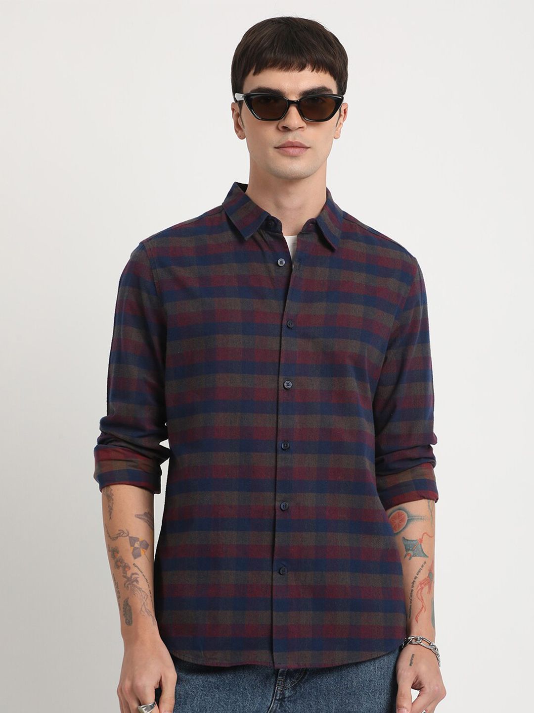 THE BEAR HOUSE Tartan Checks Slim Fit Pure Cotton Casual Shirt