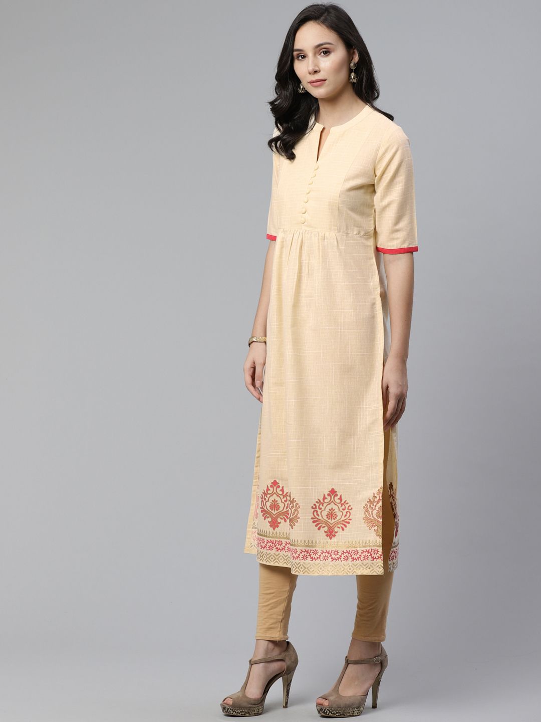 Libas Women Beige Block Print Detail Straight Kurta