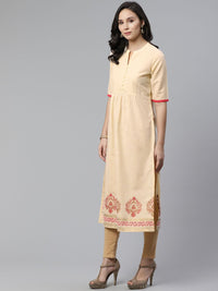 Libas Women Beige Block Print Detail Straight Kurta