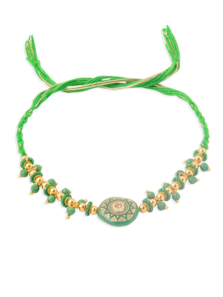 NVR Unisex Green Artificial Beads Round Shape Thread Rakhi with Roli Chawal