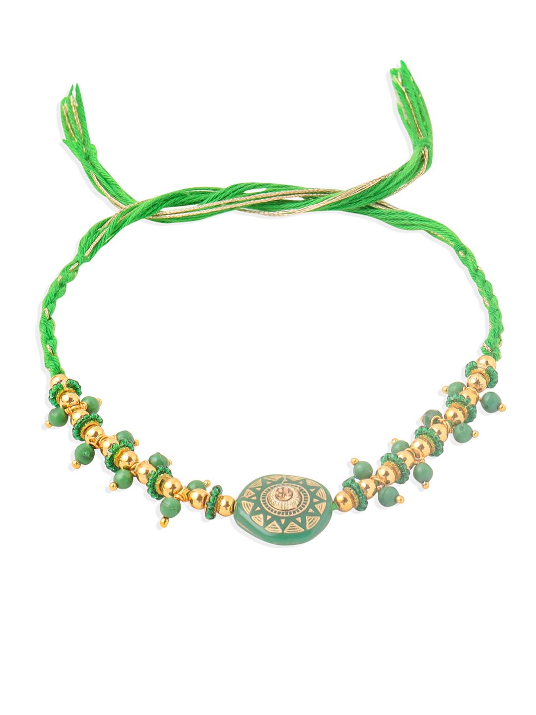 NVR Unisex Green Artificial Beads Round Shape Thread Rakhi with Roli Chawal