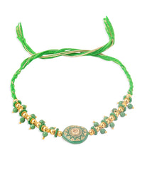 NVR Unisex Green Artificial Beads Round Shape Thread Rakhi with Roli Chawal