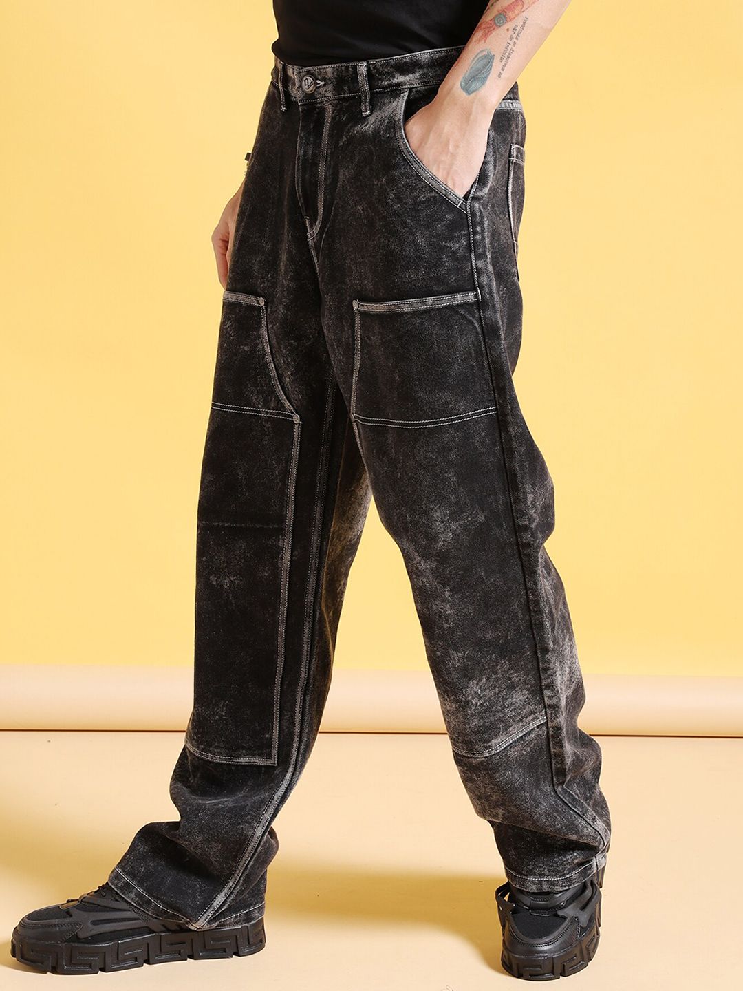 The Indian Garage Co Men Heavy Fade Mid Rise Baggy Relaxed Fit Jeans