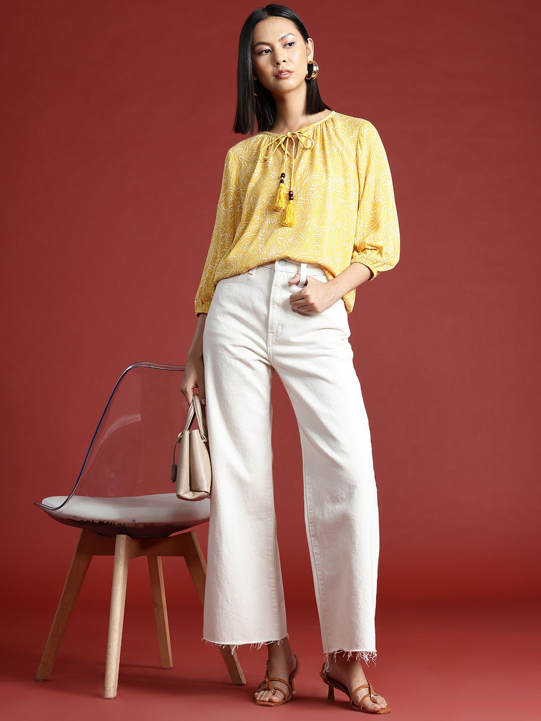 all about you Printed Tie-Up Neck Puff Sleeve Top