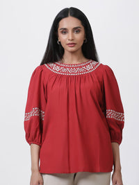 W Embroidered Puffed Sleeves Top
