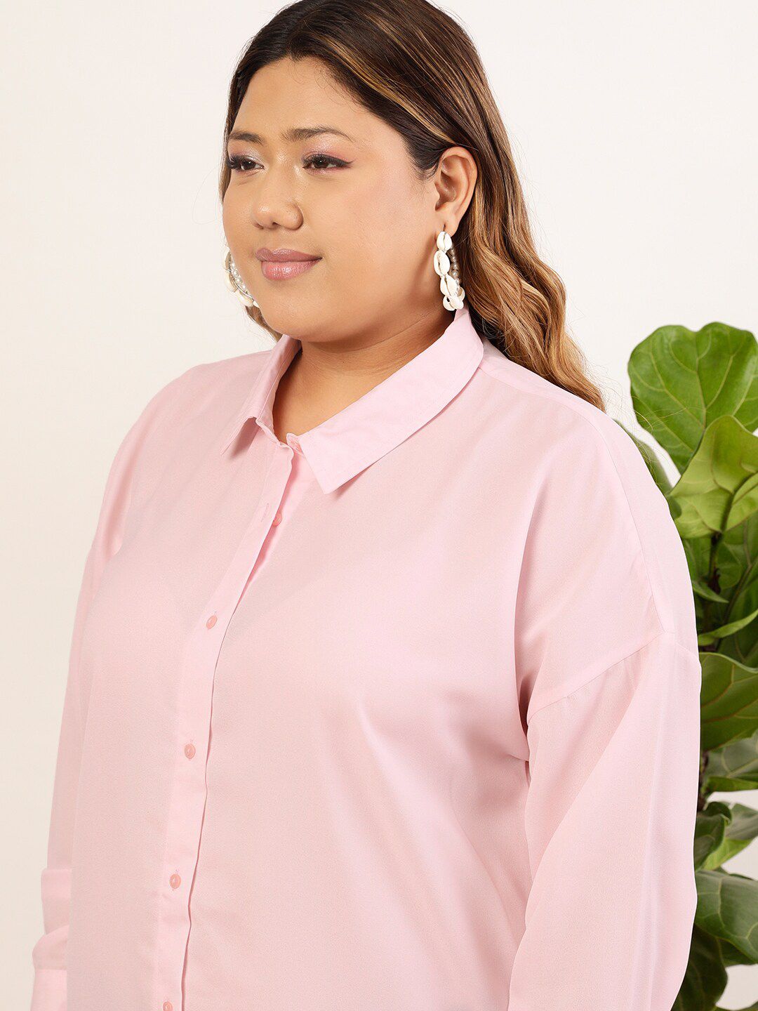 CURVY STREET Plus Size Pink Relaxed Oversized Longline Casual Shirt