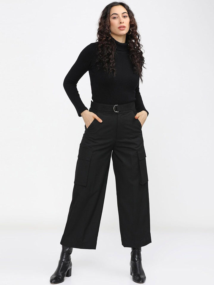 Tokyo Talkies Women Black Straight Fit Cargos Trousers