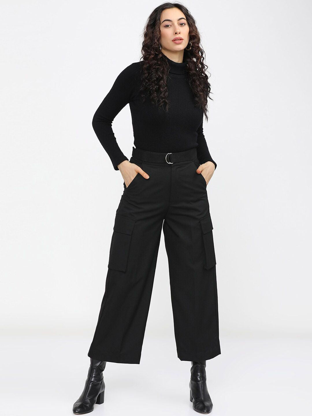 Tokyo Talkies Women Black Straight Fit Cargos Trousers