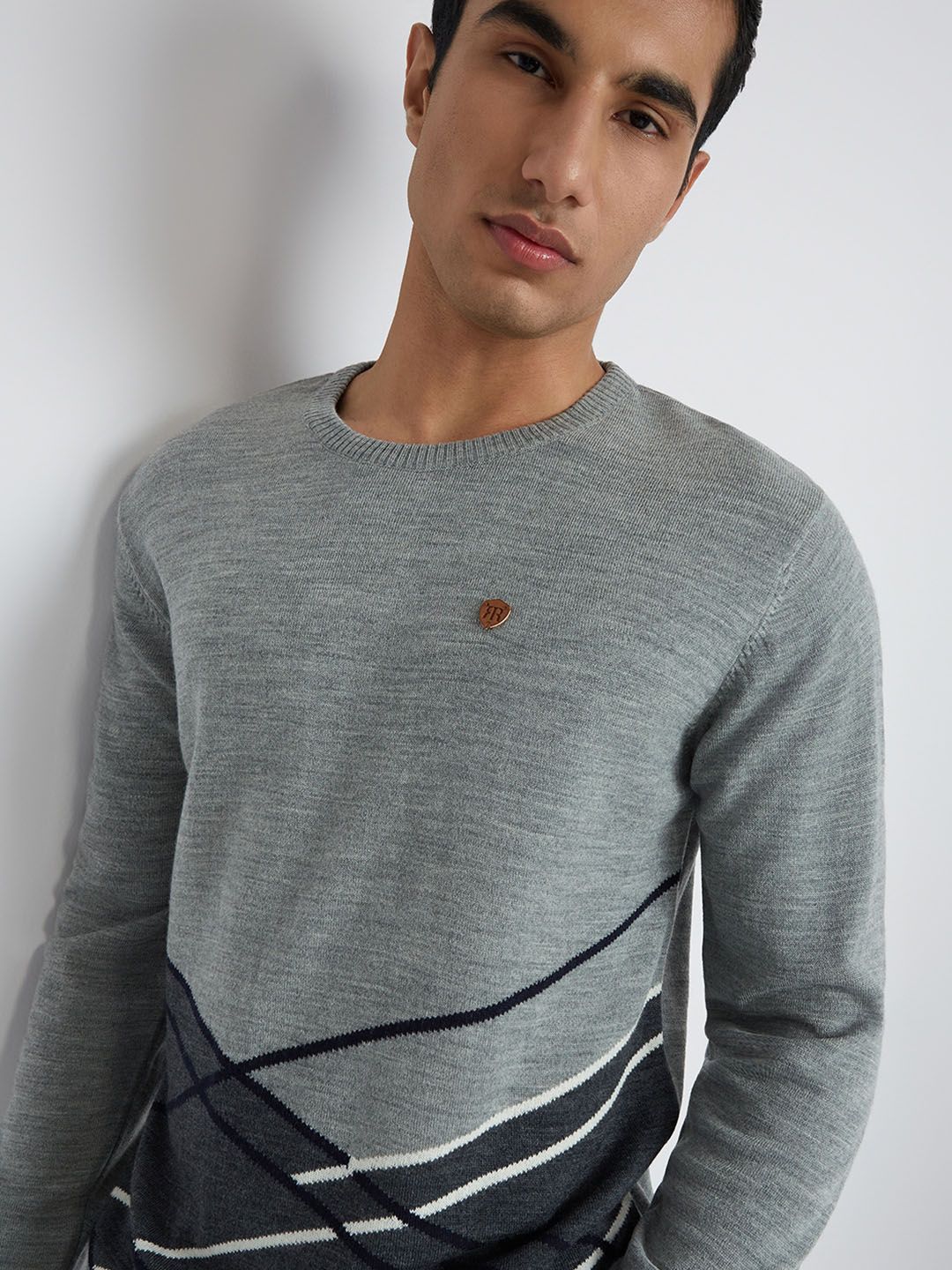 Raymond Men Grey Colourblocked Geometric Sweater