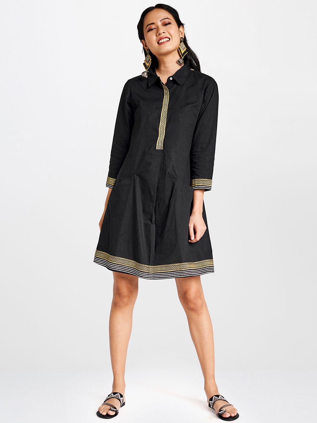 Global Desi Women Black Printed A-Line Dress