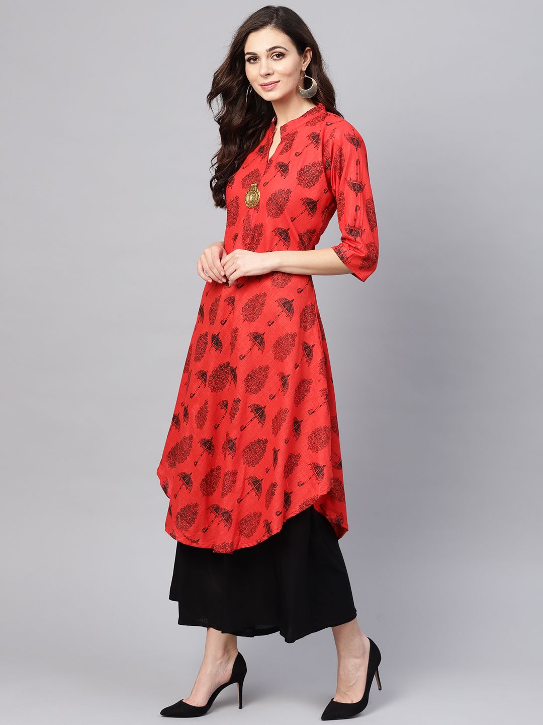SOJANYA Kurta Bercetak A-Line Wanita Merah & Hitam