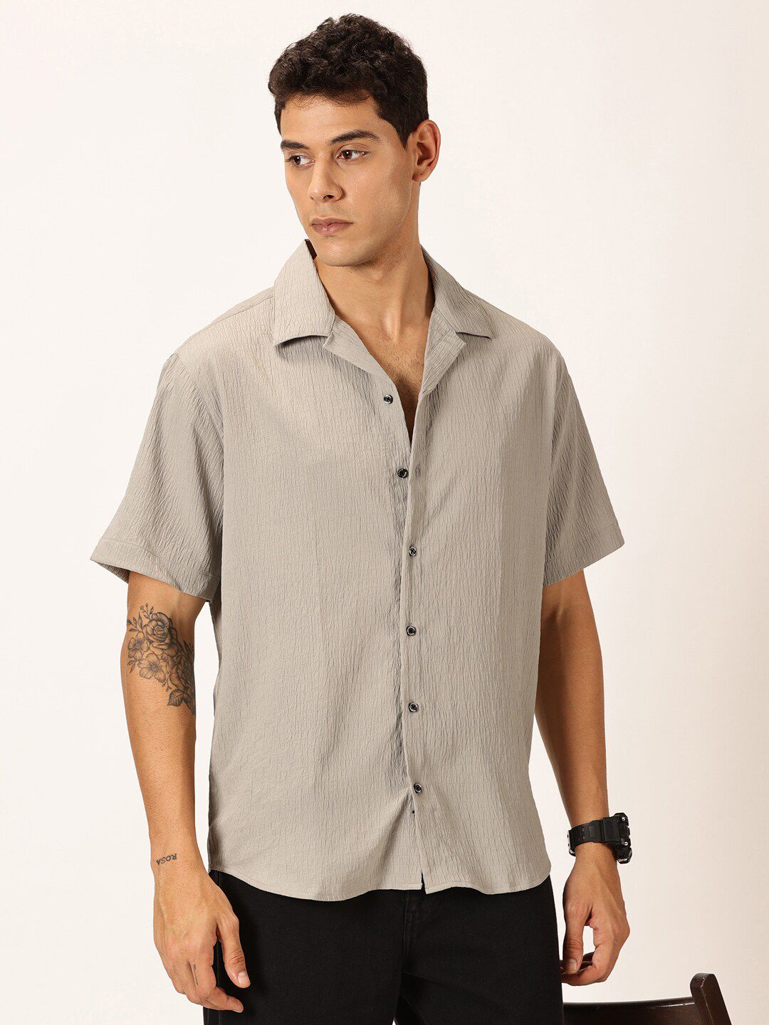 Thomas Scott Premium Slim Fit Self Design Textured Cuban Collar Seersucker Casual Shirt