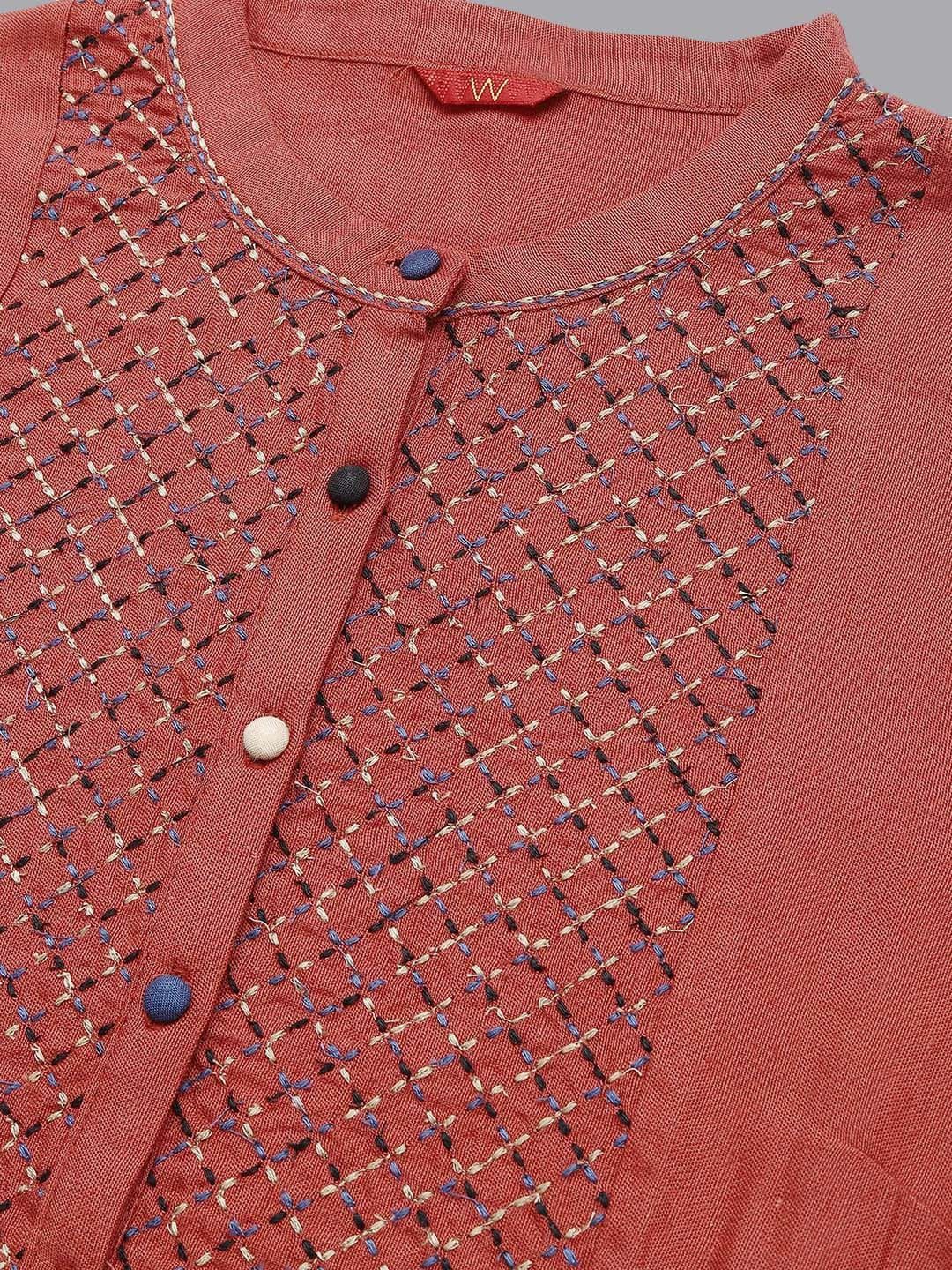 W Women Red Yoke Design Kurta