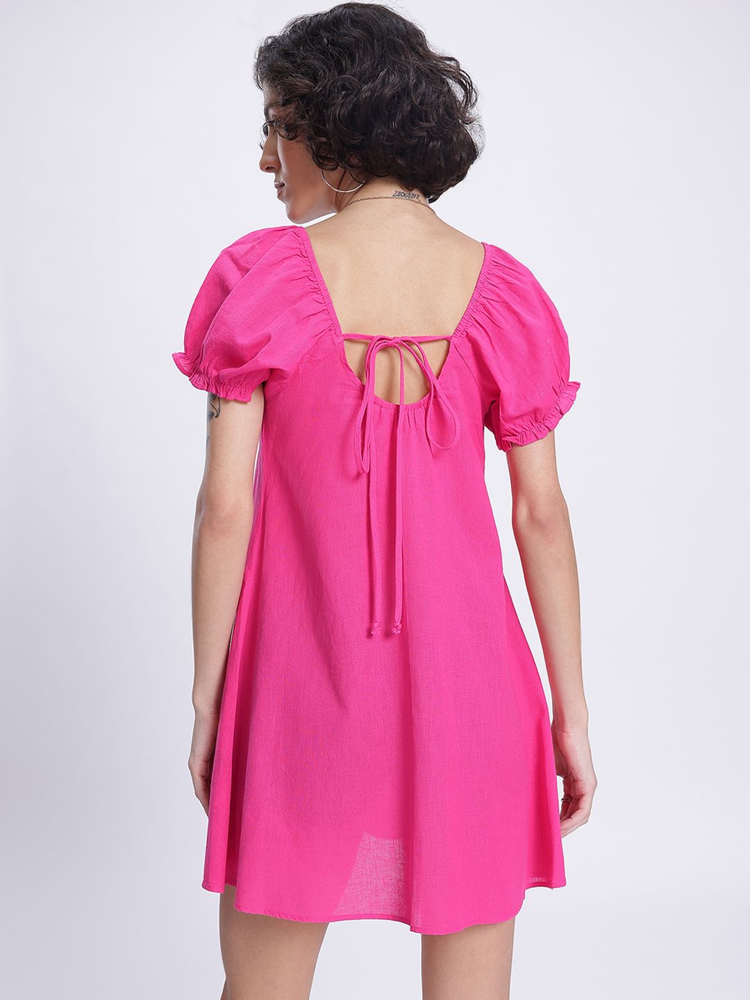 DressBerry Barbiecore Puff Sleeve Tie-Up Back A-Line Mini Dress